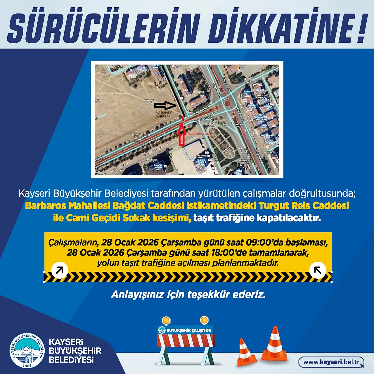 Büyükşehir Belediyesi duyurdu: Kayseri'de o yol yarın trafiğe kapatılacak (28 Ocak 2026 Çarşamba)