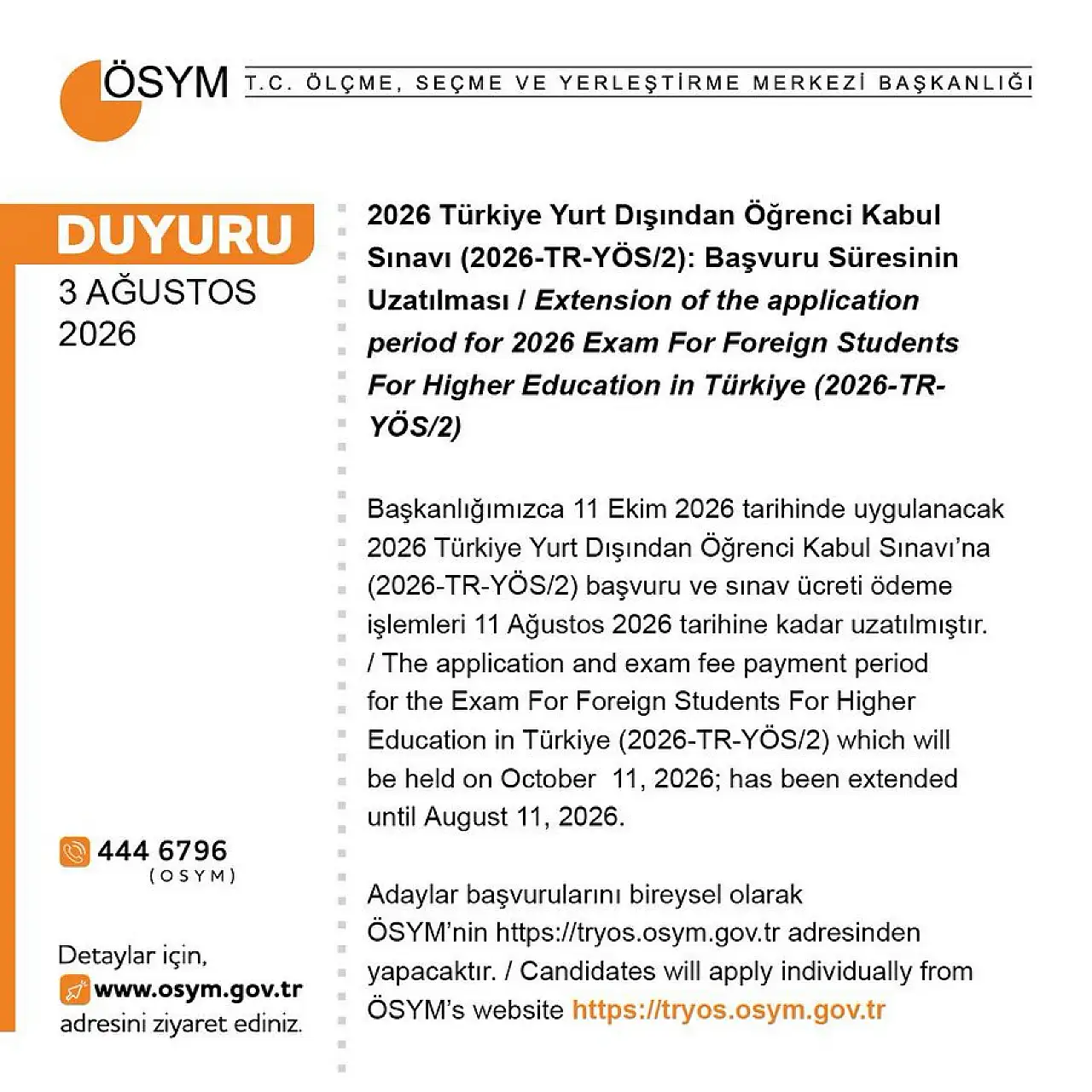 ÖSYM duyurdu: O sınavın başvuru süresi değişti!