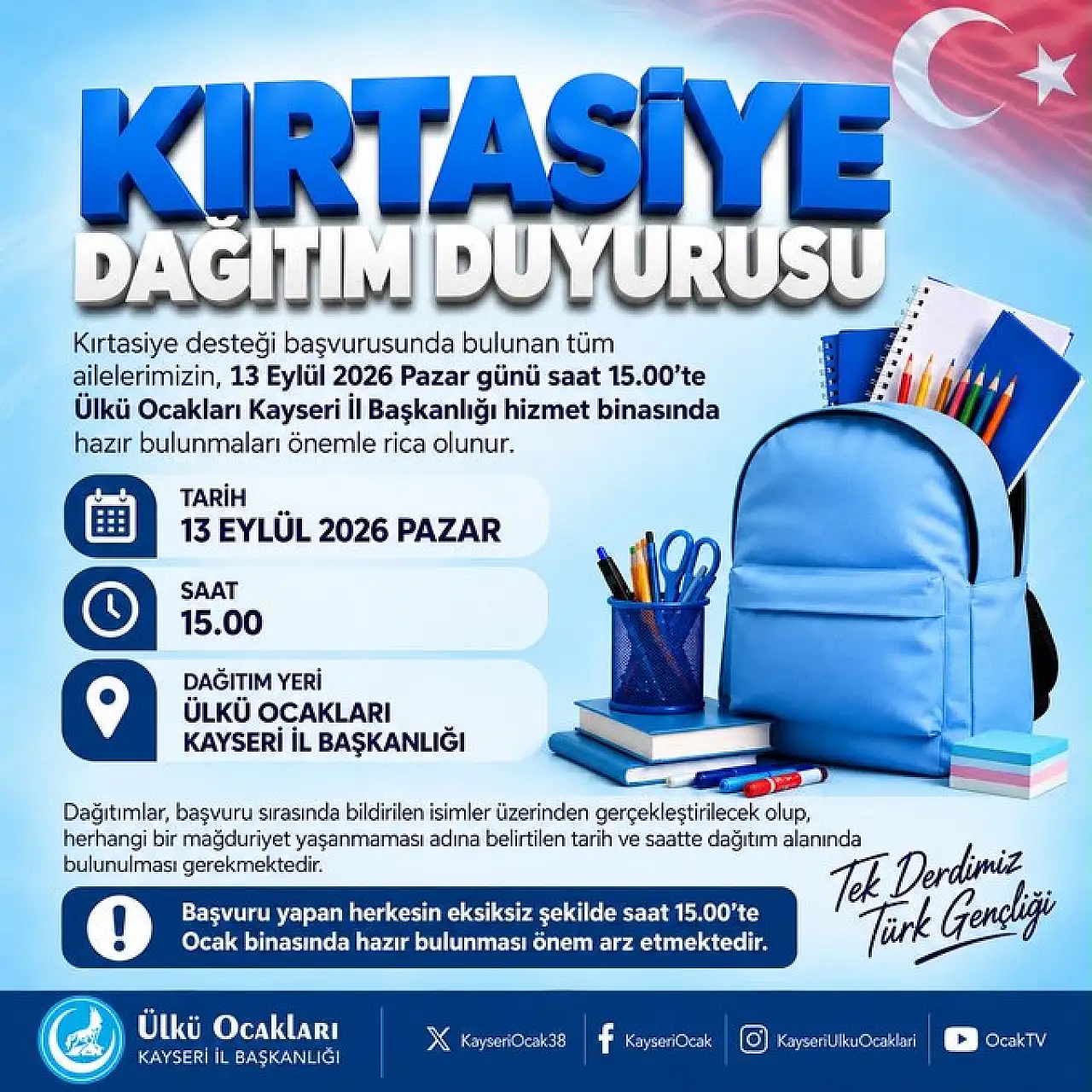 Kayseri'de Ülkü Ocaklarının Kırtasiye dağıtımı başlıyor