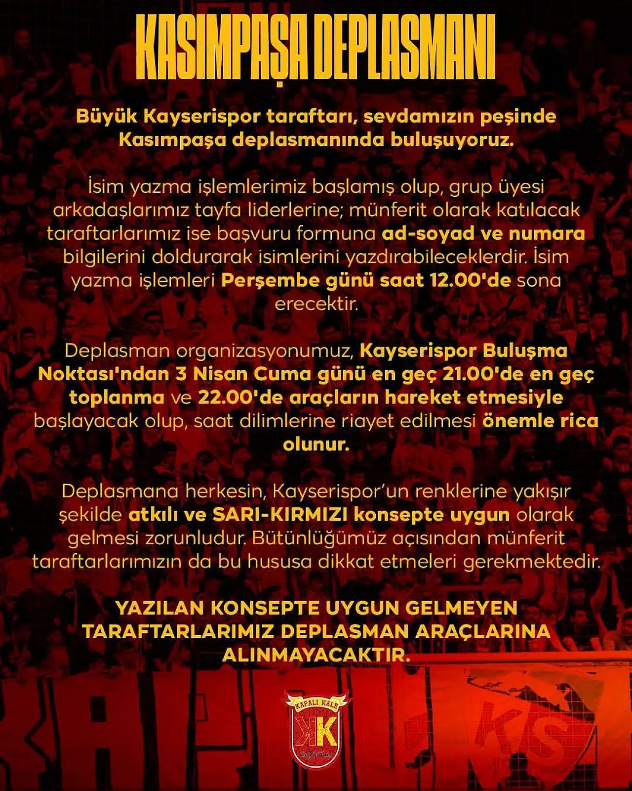 Kayserispor taraftarlarına deplasman uyarısı: Bunu yapmayan maça giremeyecek