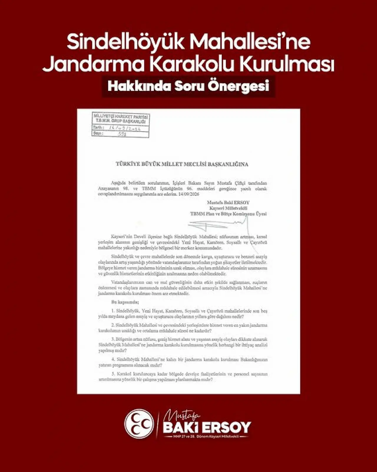 Baki Ersoy, jandarma karakolu talebini Meclis gündemine taşıdı
