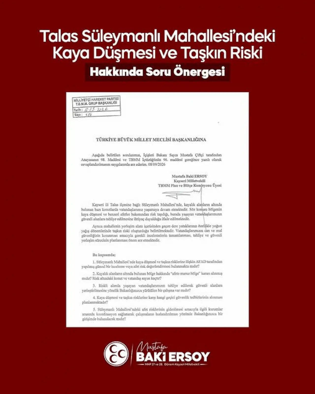 Baki Ersoy, Talas'ta kaya düşmesi ve taşkın riskini Meclis'e taşıdı