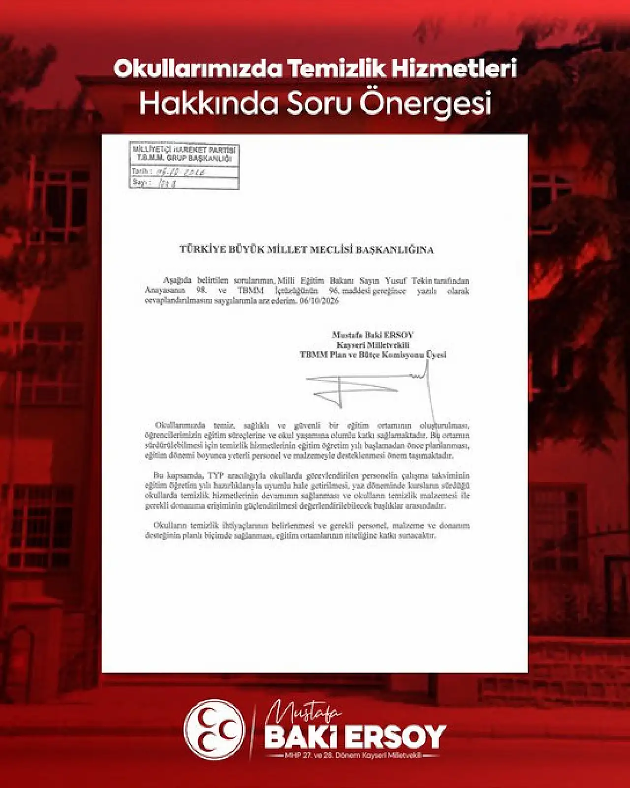 Okullardaki temizlik sorunu Meclis gündeminde! Baki Ersoy sordu