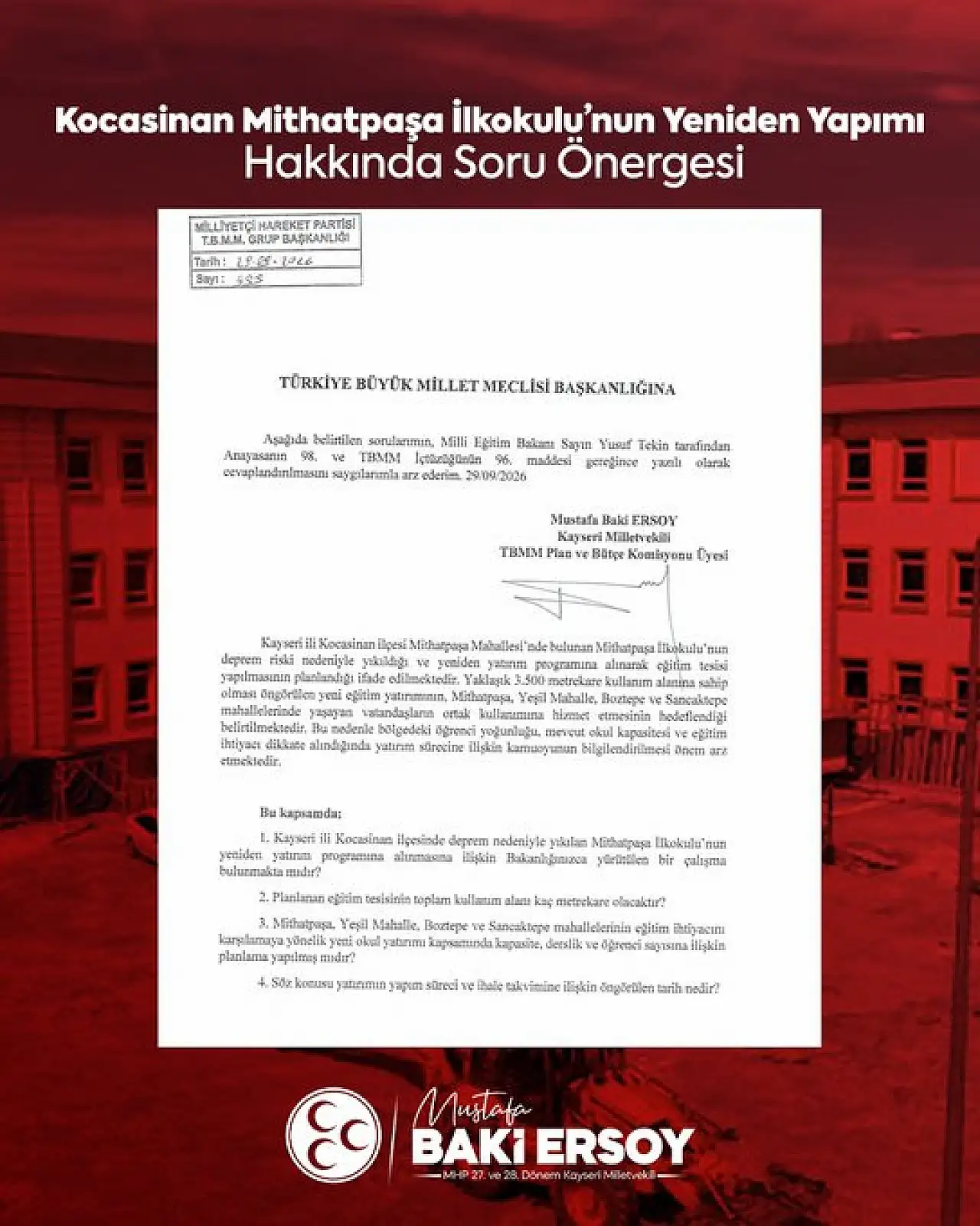 Kayseri'de bu okul yeniden mi yapılacak? Baki Ersoy'dan dikkat çeken adım