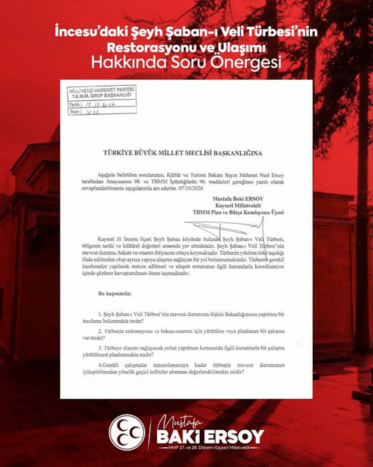 Baki Ersoy'dan Şeyh Şaban-ı Veli Türbesi için soru önergesi