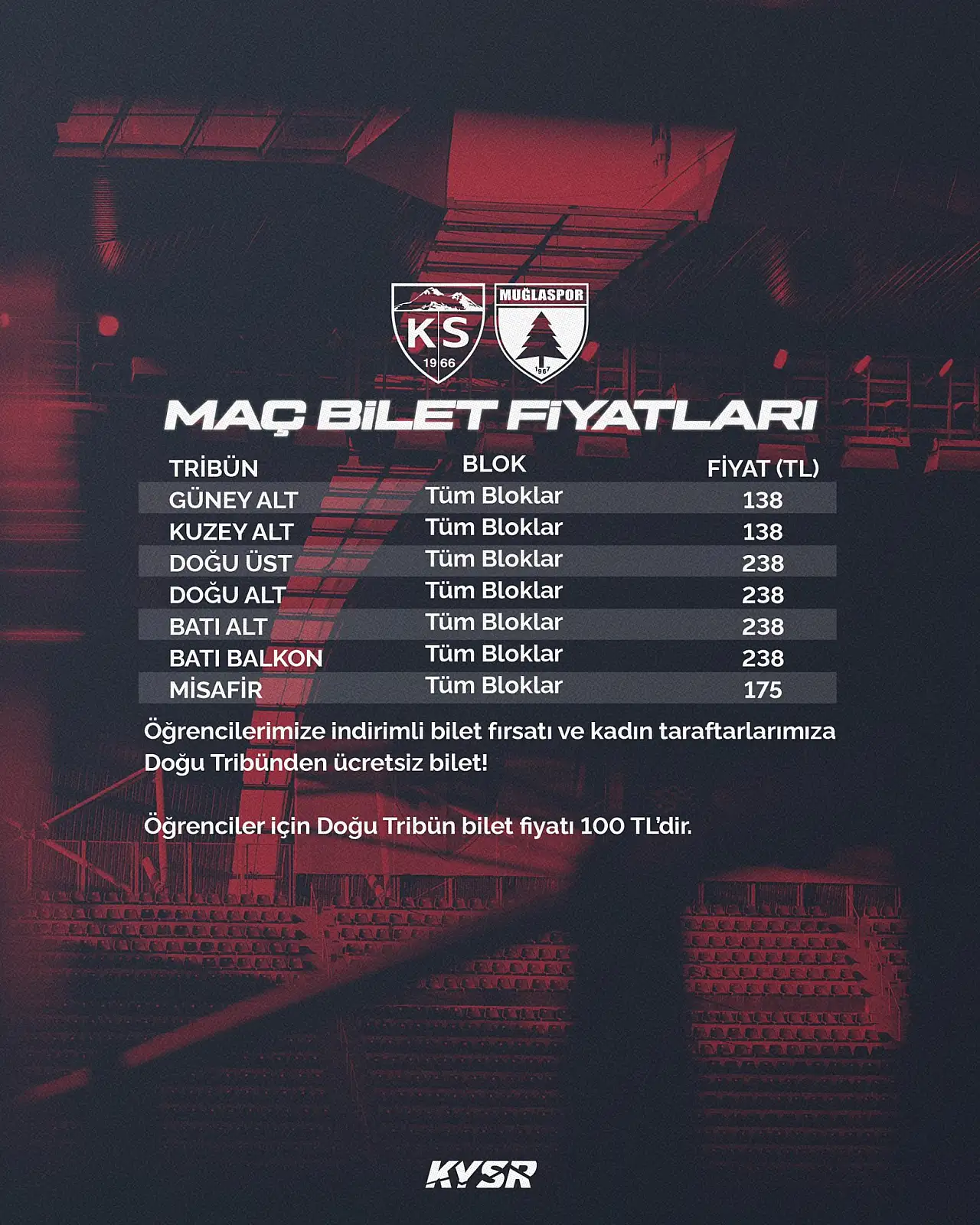 Kayserispor-Muğlaspor maçında bilet hesabı değişiyor!