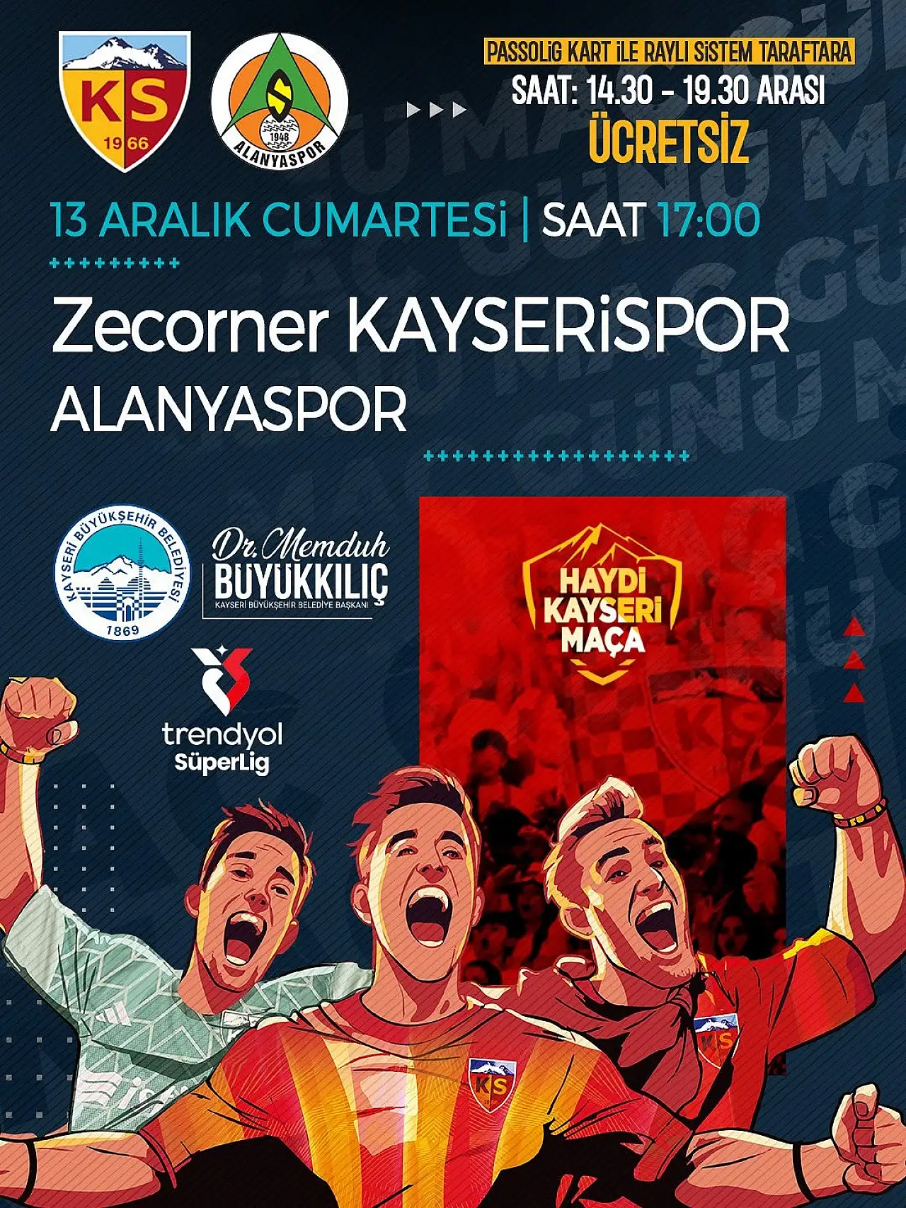 Kayserispor maçı öncesi büyük destek: Tramvaylar ücretsiz olacak