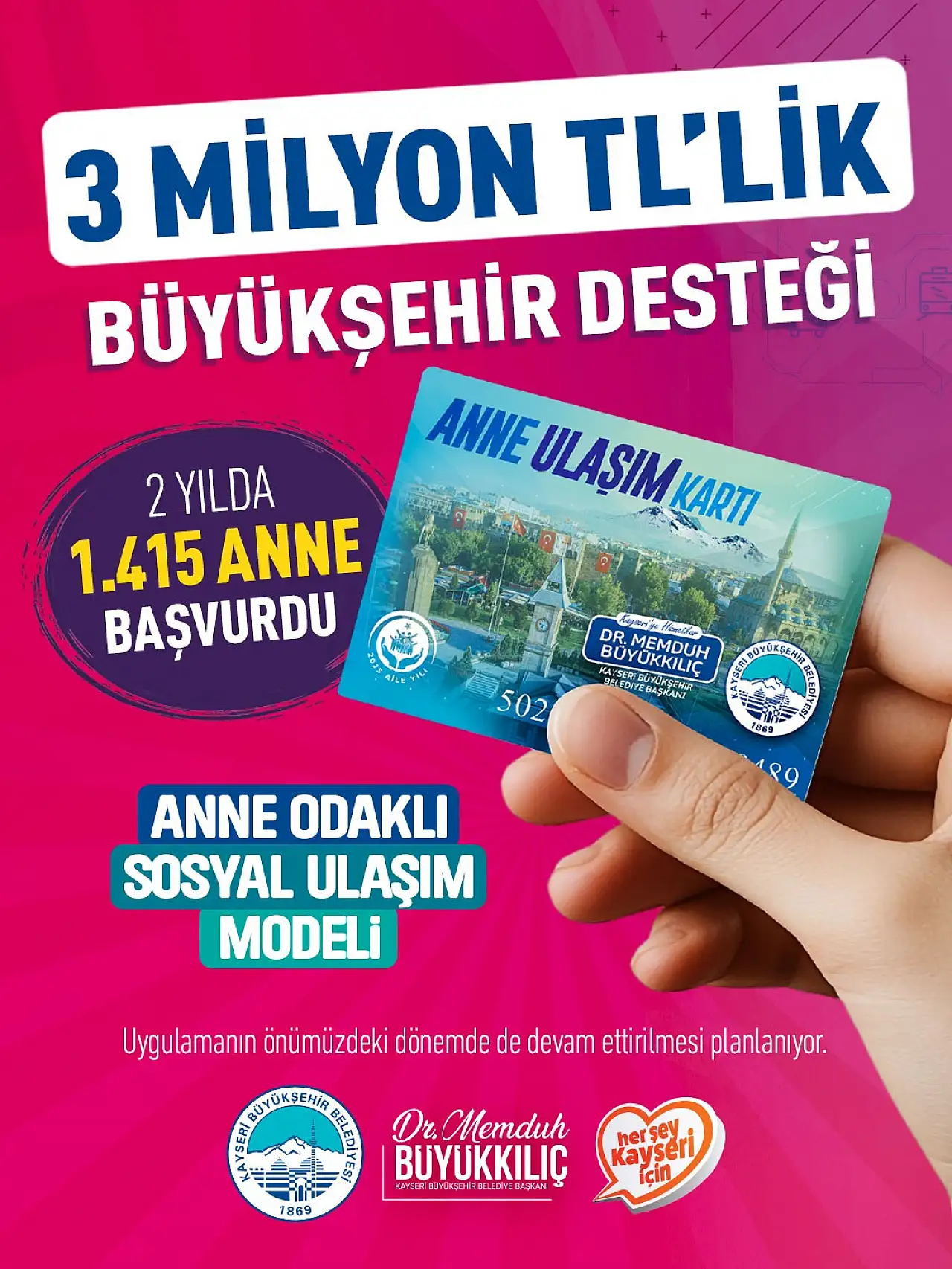 Kayseri'deki annelere ulaşımda destek 3 milyon liraya ulaştı