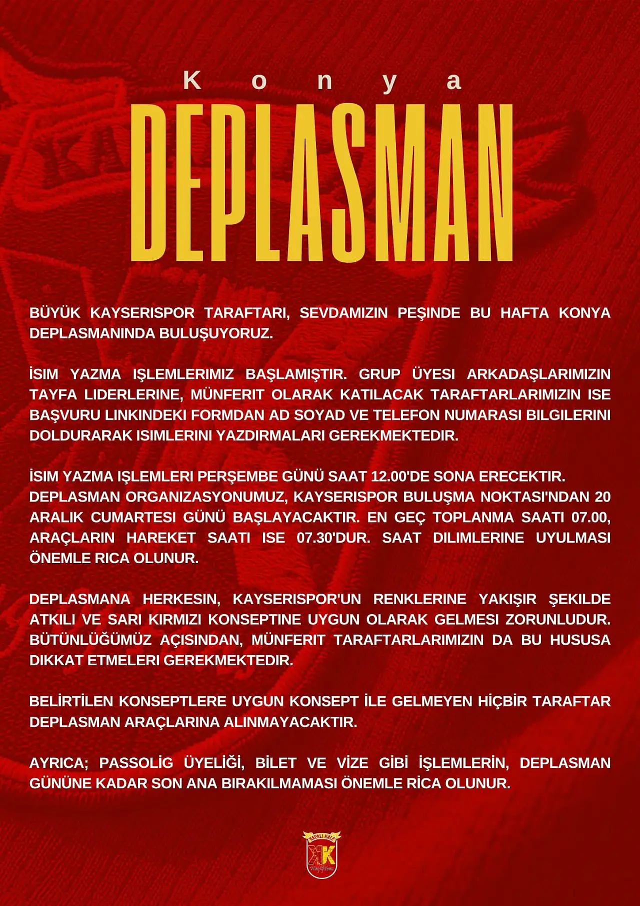 Kayserispor için Konya yolculuğu başlıyor! Saatler netleşti! Önemli uyarı yapıldı