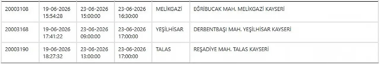 Kayseri'de 53 adet enerji kesintisi listelendi: 23 Haziran 2026