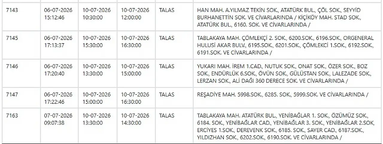 KCETAŞ paylaştı: Kayseri'de yarın elektrik kesintisi yaşanacak ilçeler! 10 Temmuz 2026