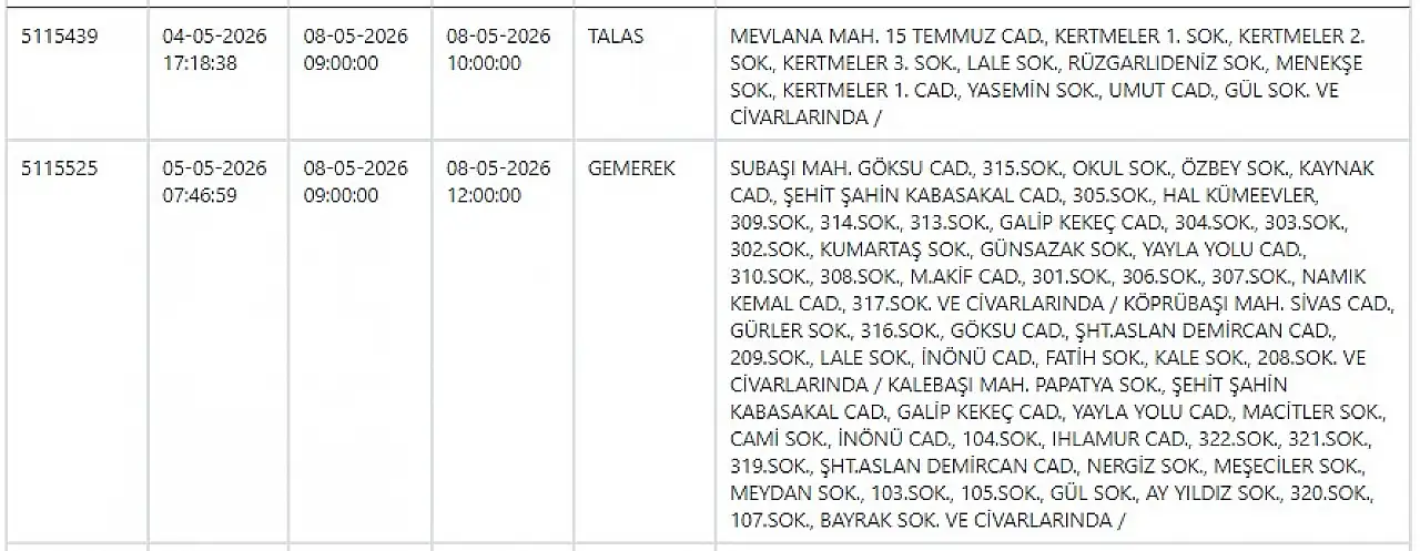 KCETAŞ'tan Kayseri'ye elektrik kesintisi uyarısı! Hazırlığınızı yapın! 8 Mayıs 2026
