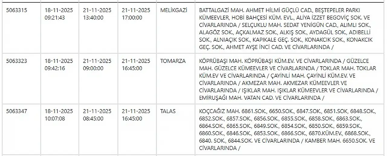 Dikkat! Kayseri'de yarın dev elektrik kesintisi! 21 Kasım 2025
