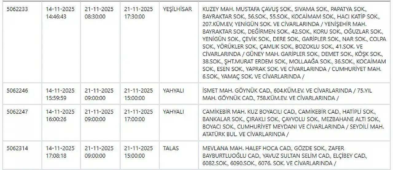 Dikkat! Kayseri'de yarın dev elektrik kesintisi! 21 Kasım 2025