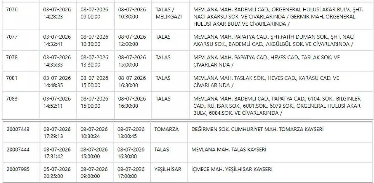 Kayseri'de yarın 53 noktada elektrik kesintileri yaşanacak! 8 Temmuz 2026