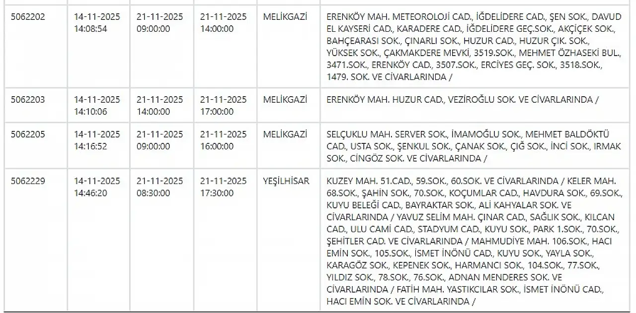 Dikkat! Kayseri'de yarın dev elektrik kesintisi! 21 Kasım 2025
