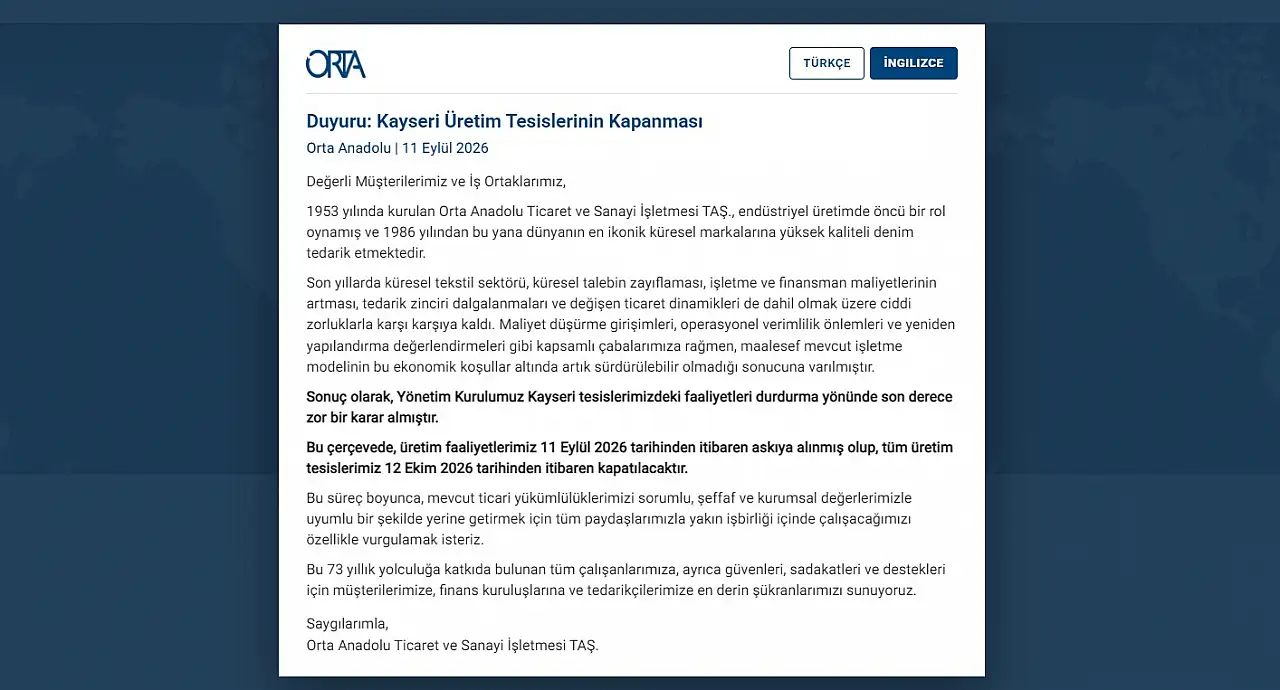 Orta Anadolu'nun kapanacağı tarih açıklandı: İşte şirketten yapılan kurumsal duyuru!