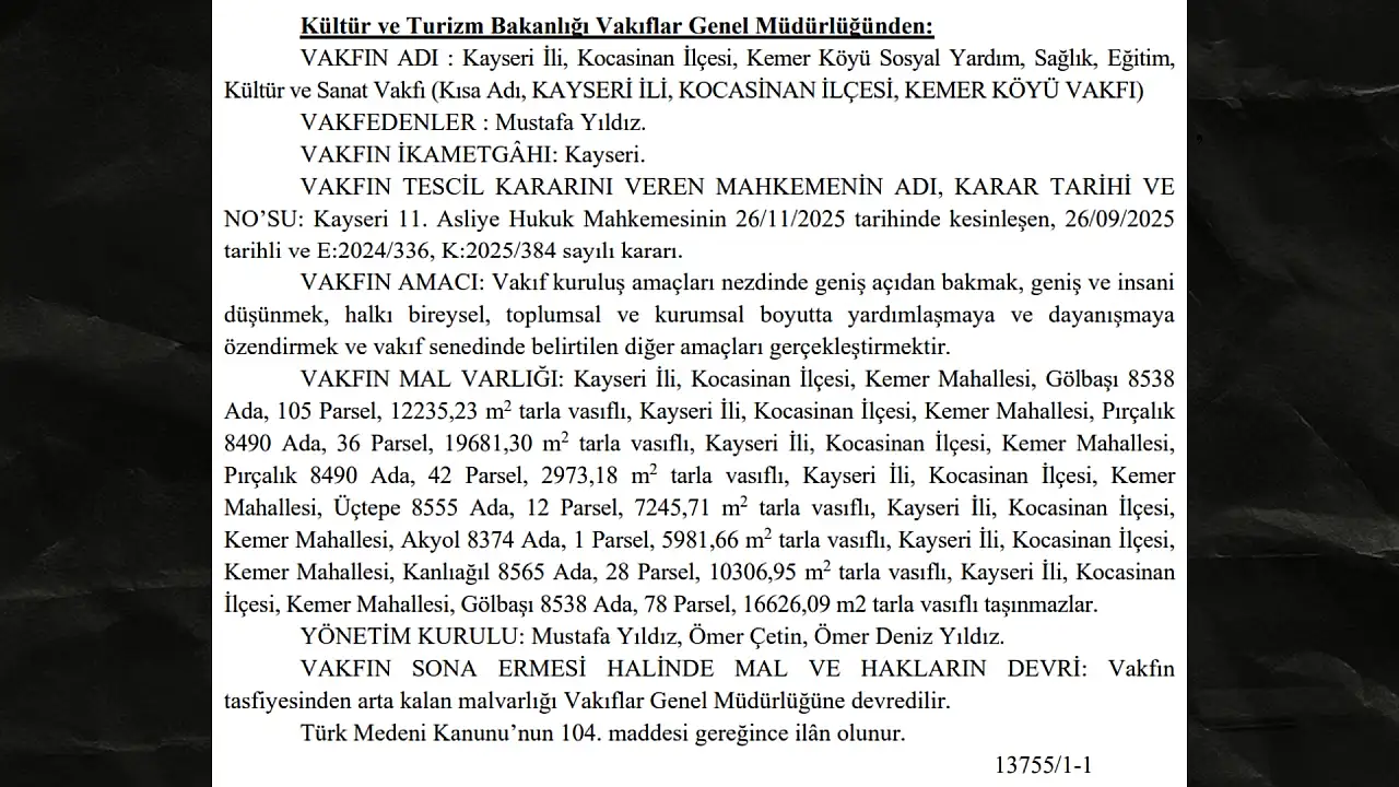 Kayseri'nin o köyünün artık vakfı var: Karar Resmi Gazete'de yayımlandı!