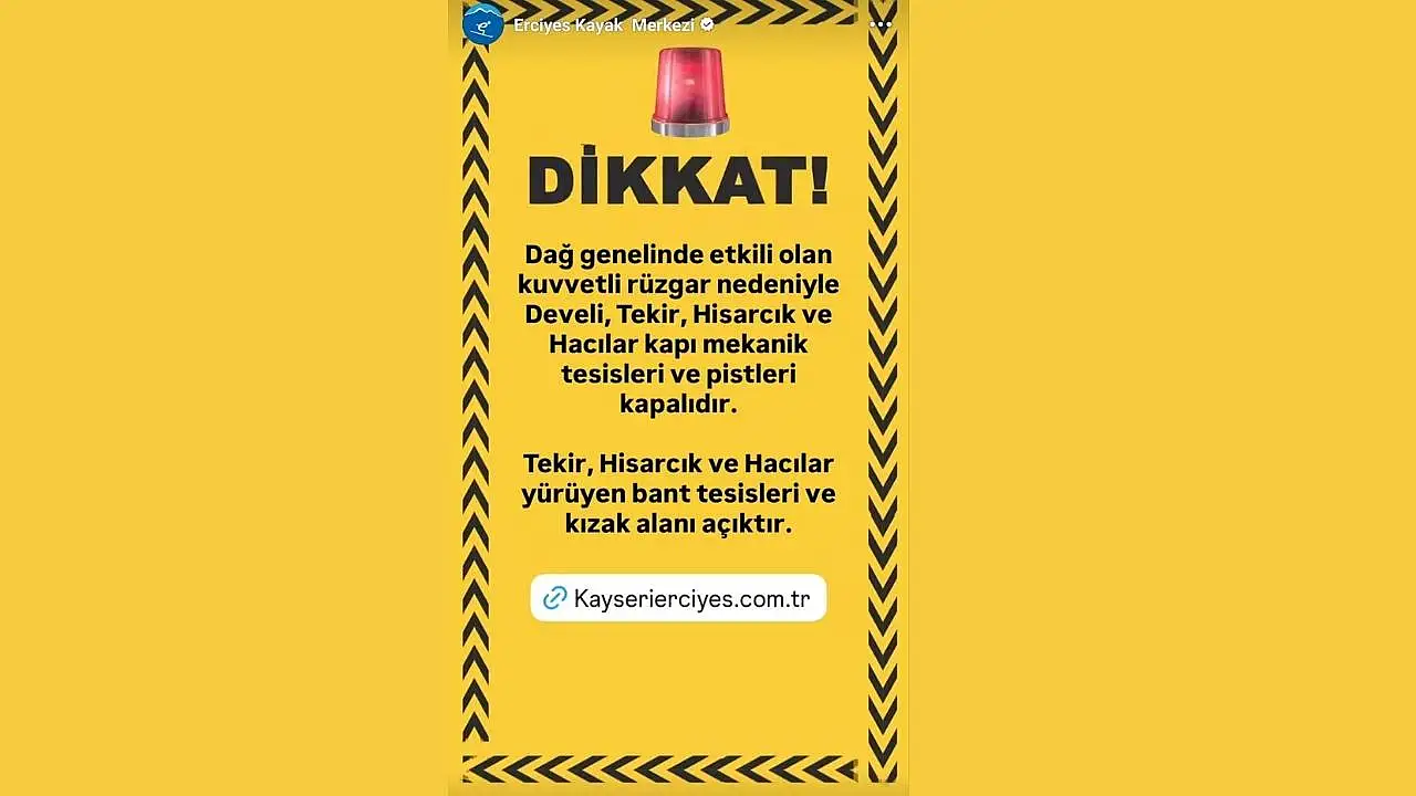 Kuvvetli rüzgâr Erciyes'te bazı pist ve tesisleri kapattı