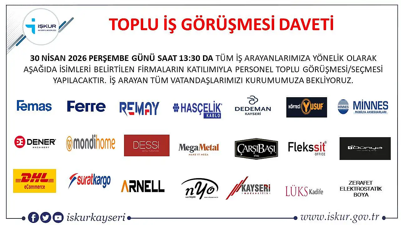Kayseri'de 21 firma 550 personel alacak: İşte listesi ve başvuru tarihi...