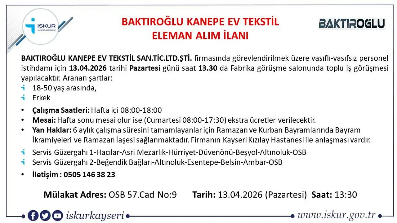 Kayseri'de tekstil firması çok sayıda işçi alacak!