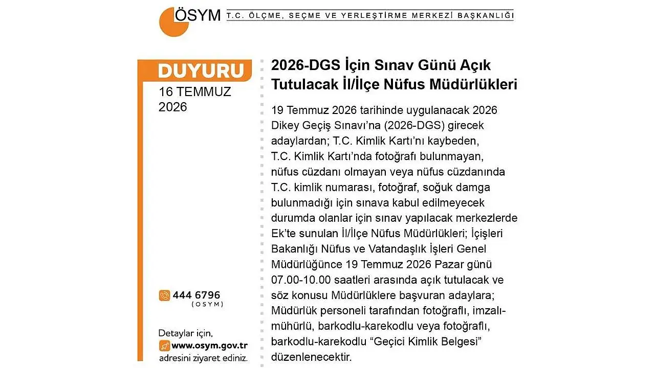 DGS adayları dikkat: Kayseri'de sınav günü açık olacak nüfus müdürlüğü belli oldu