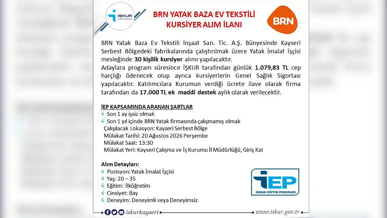Kayseri'de İŞKUR duyurdu: İEP kapsamında o firma 30 kursiyer alacak!