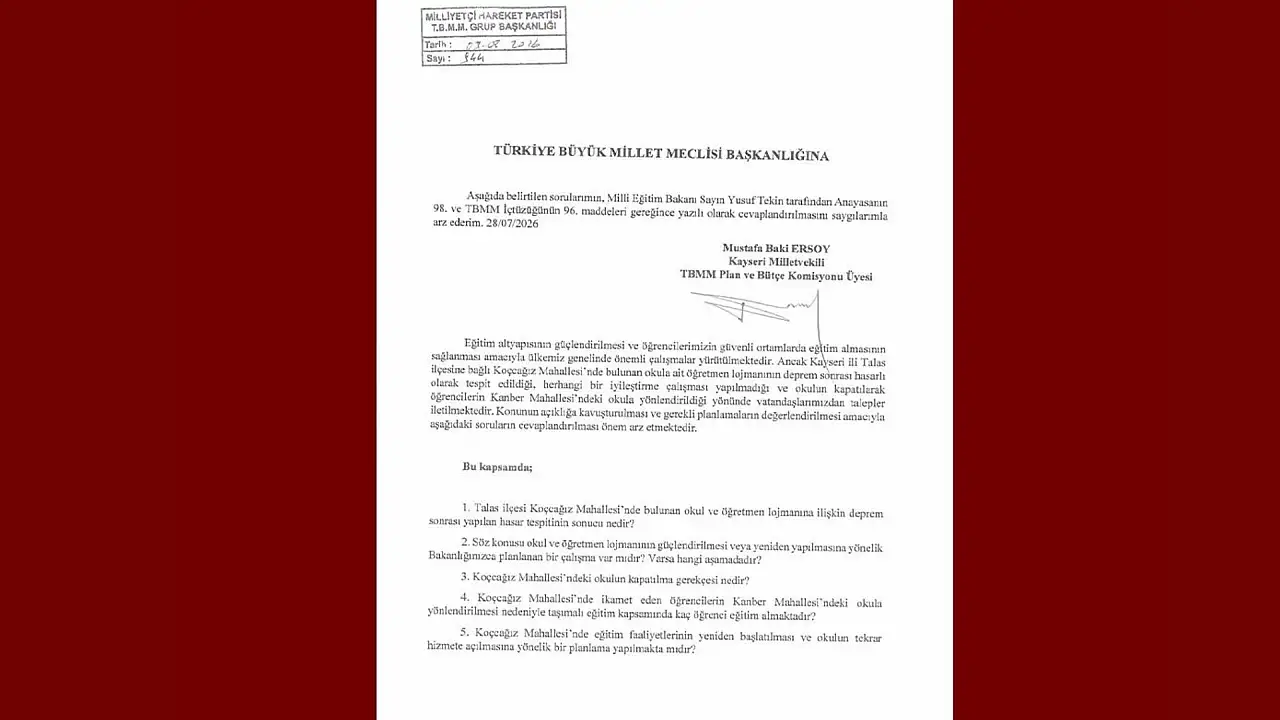 Baki Ersoy'dan Koçcağız Mahallesi'ndeki okul için soru önergesi