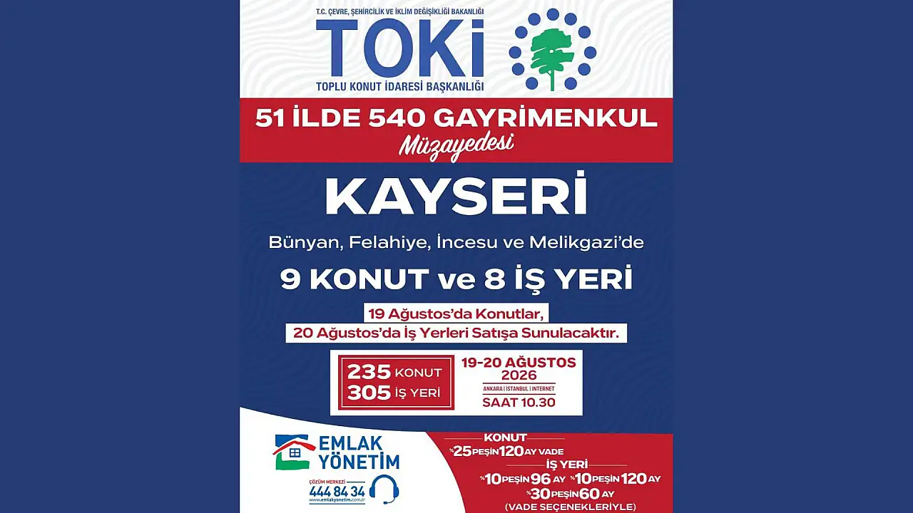 TOKİ Kayseri'de 9 konut ve 8 iş yerini satışa çıkarıyor!