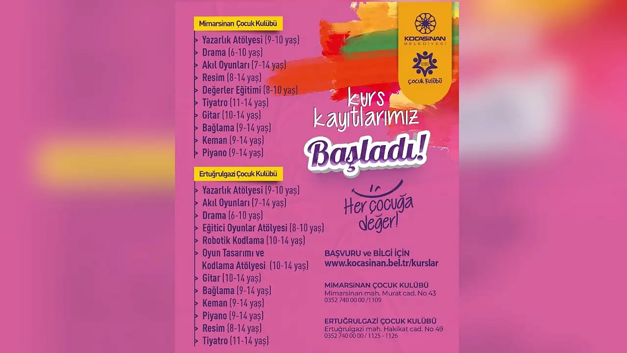 Kocasinan Belediyesi Çocuk Kulüplerinde kurs kayıtları başladı