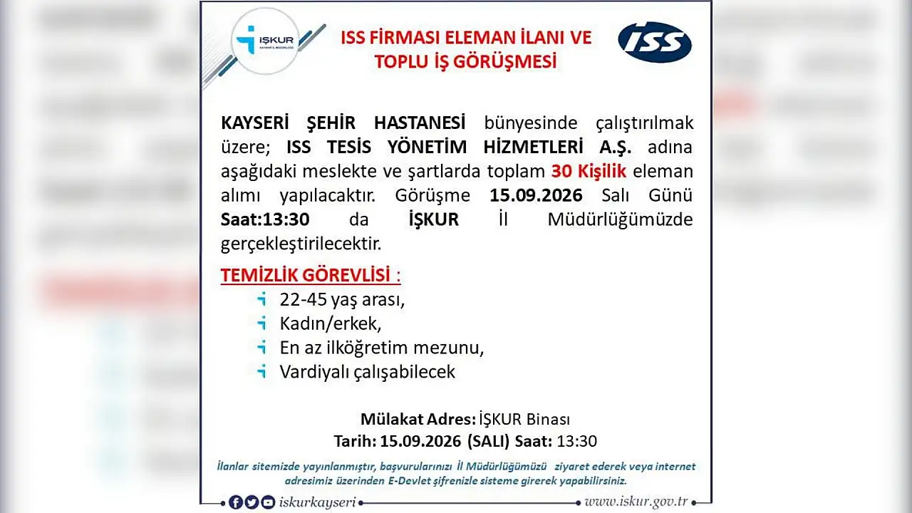 İŞKUR duyurdu: Kayseri Şehir Hastanesi'ne personel alımı...