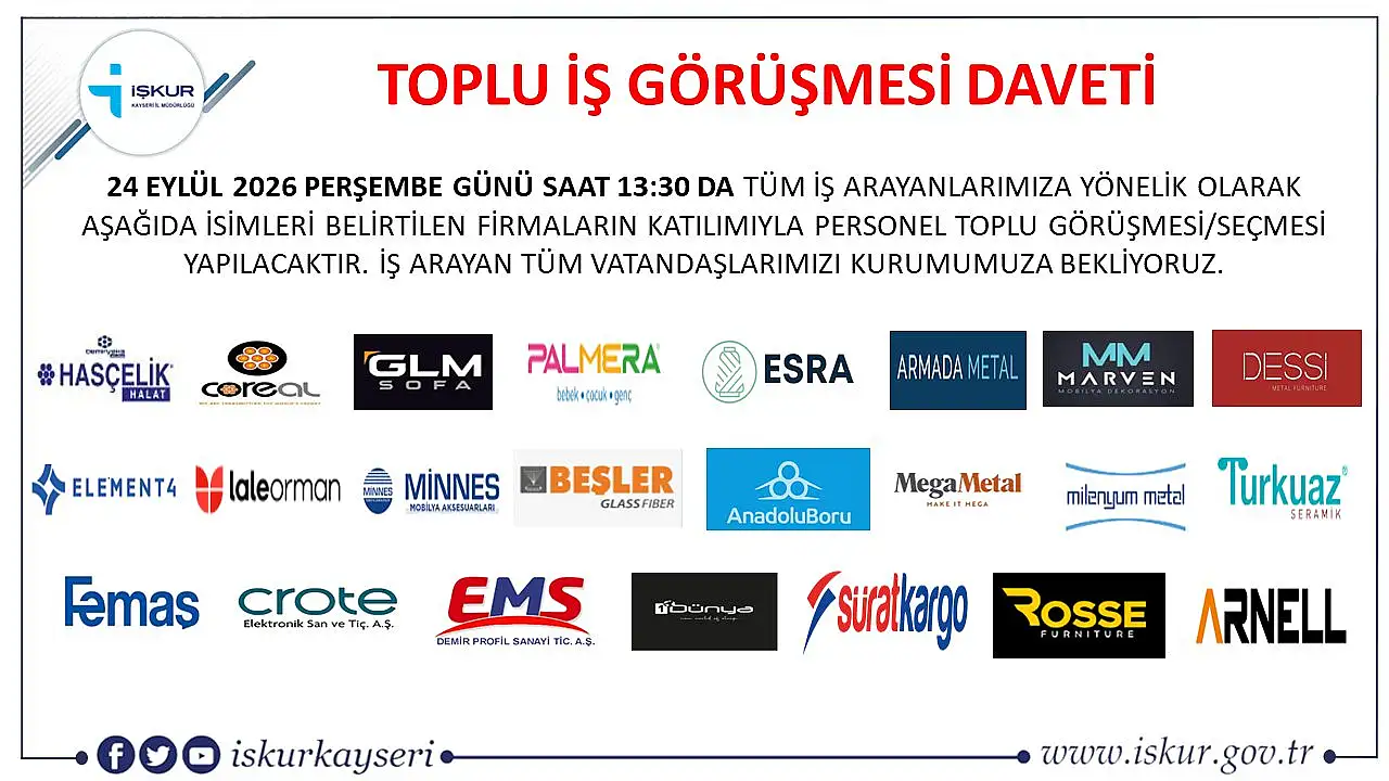Kayseri'de toplu iş görüşmesi gerçekleştirilecek: İşte tarih ve detayları...