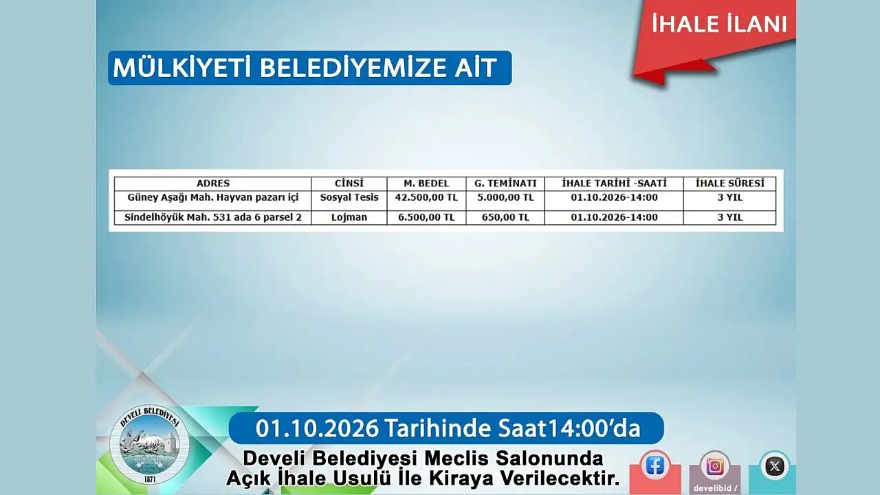 Develi'de belediyeden 3 yıllık kiralama! İşte bedeller