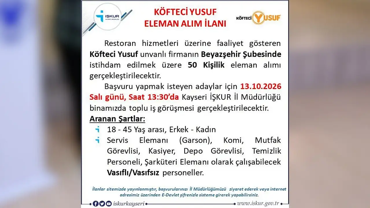 Ünlü restoran işletmesi Kayseri'de çok sayıda personel alacak!