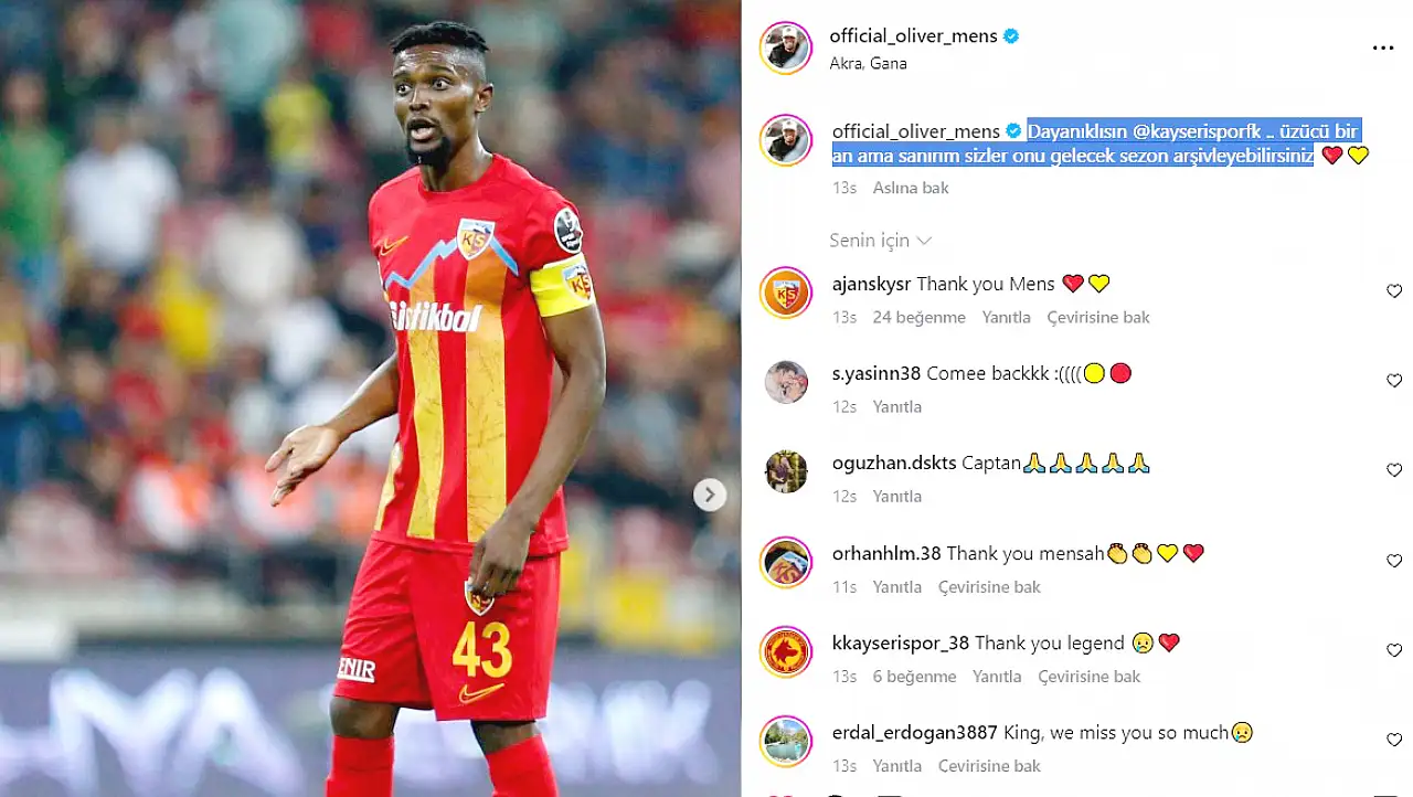 Oliver Mensah'dan Kayserispor'a duygusal mesaj