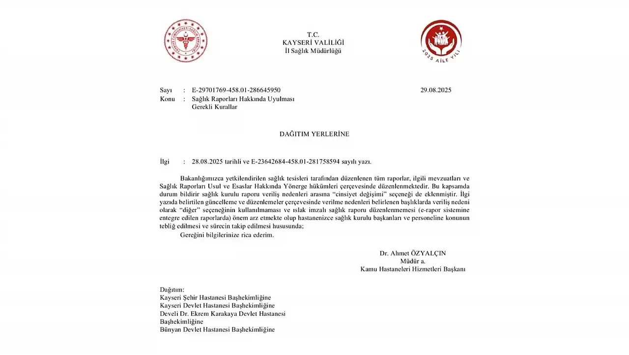 Kayseri hastanelerine gönderildiği iddia edilen resmi yazı gündem oldu!