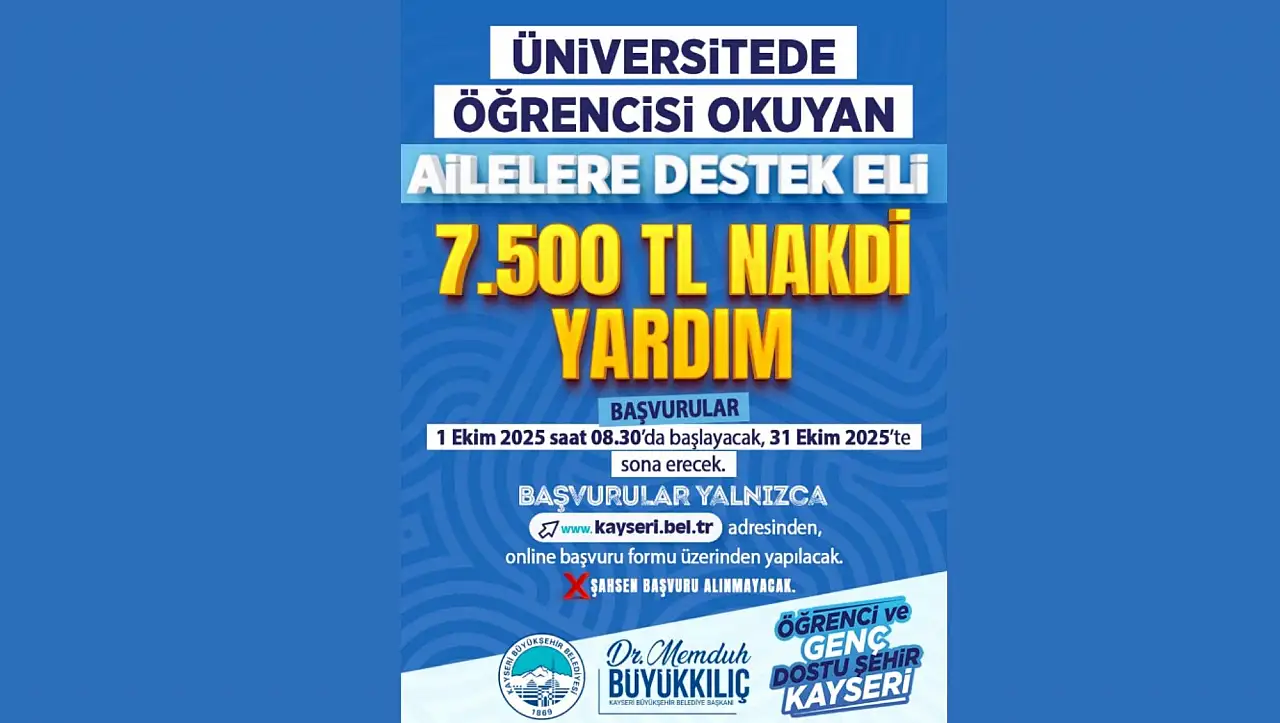 Kayseri Büyükşehir'den üniversitede öğrencisi olan ailelere müjde: 7 bin 500 TL destek verilecek – İşte detaylar…