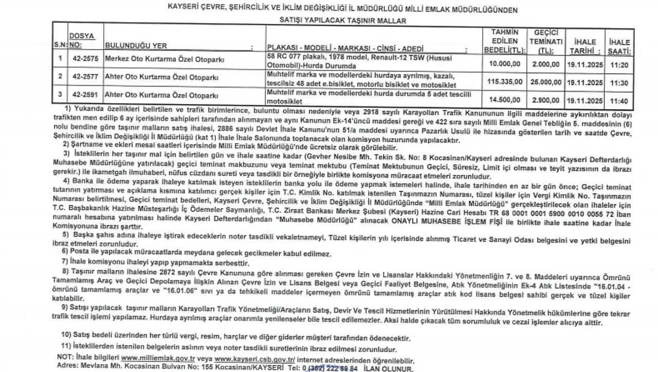 Kayseri'de hurda araçlar satışa çıkıyor!