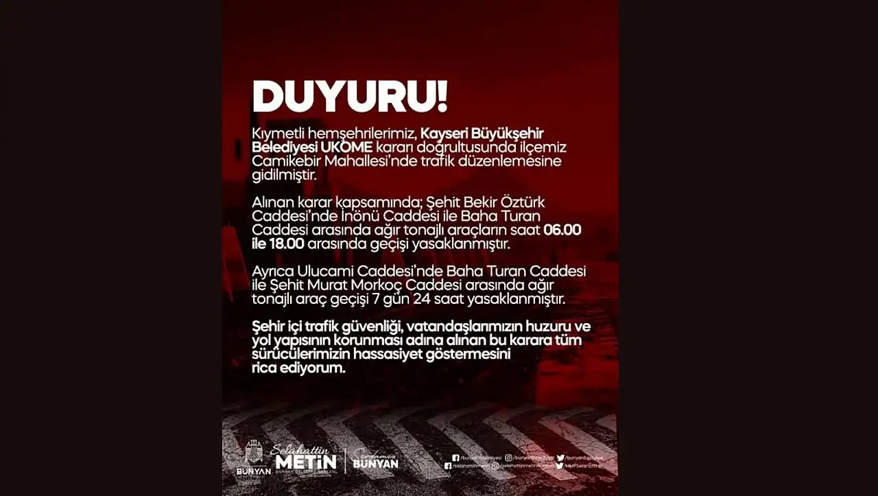 Başkandan açıklama geldi – Kayseri'nin o caddelerinde ağır tonajlı araçların geçişi yasaklandı!
