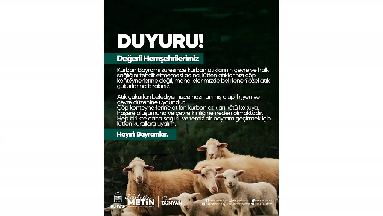 Bünyan Belediyesi'nden bayram öncesi dikkat çeken açıklama!