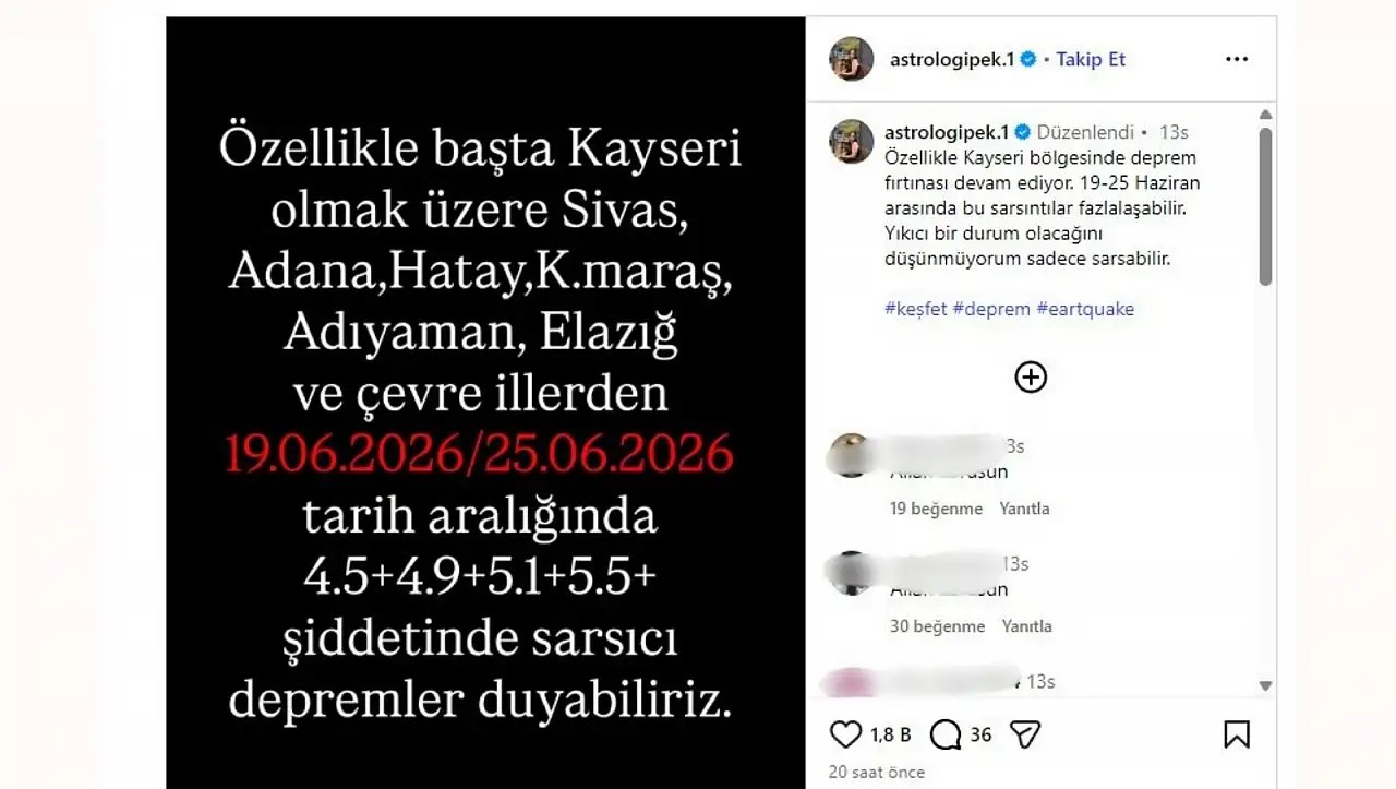 Astrolog tarih vererek özellikle Kayseri'yi işaret etti: 5,5'a kadar deprem olabilir!