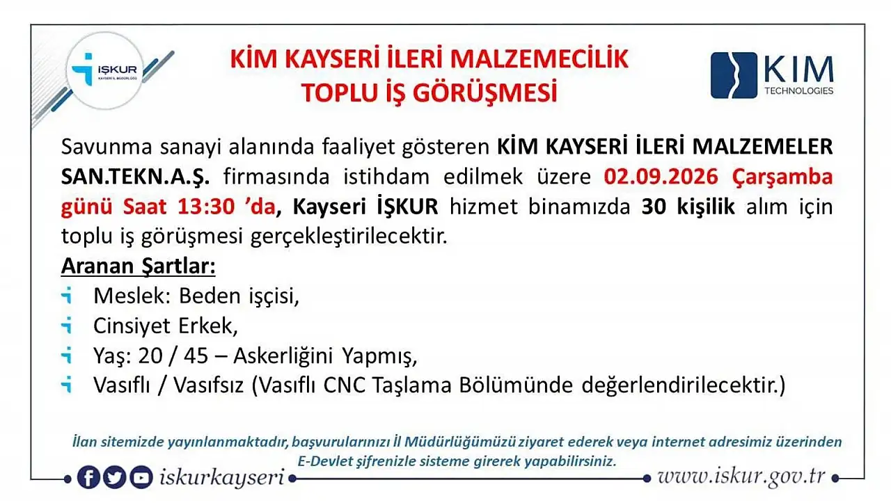 İŞKUR Kayseri duyurdu: 30 kişilik alım yapılacak!