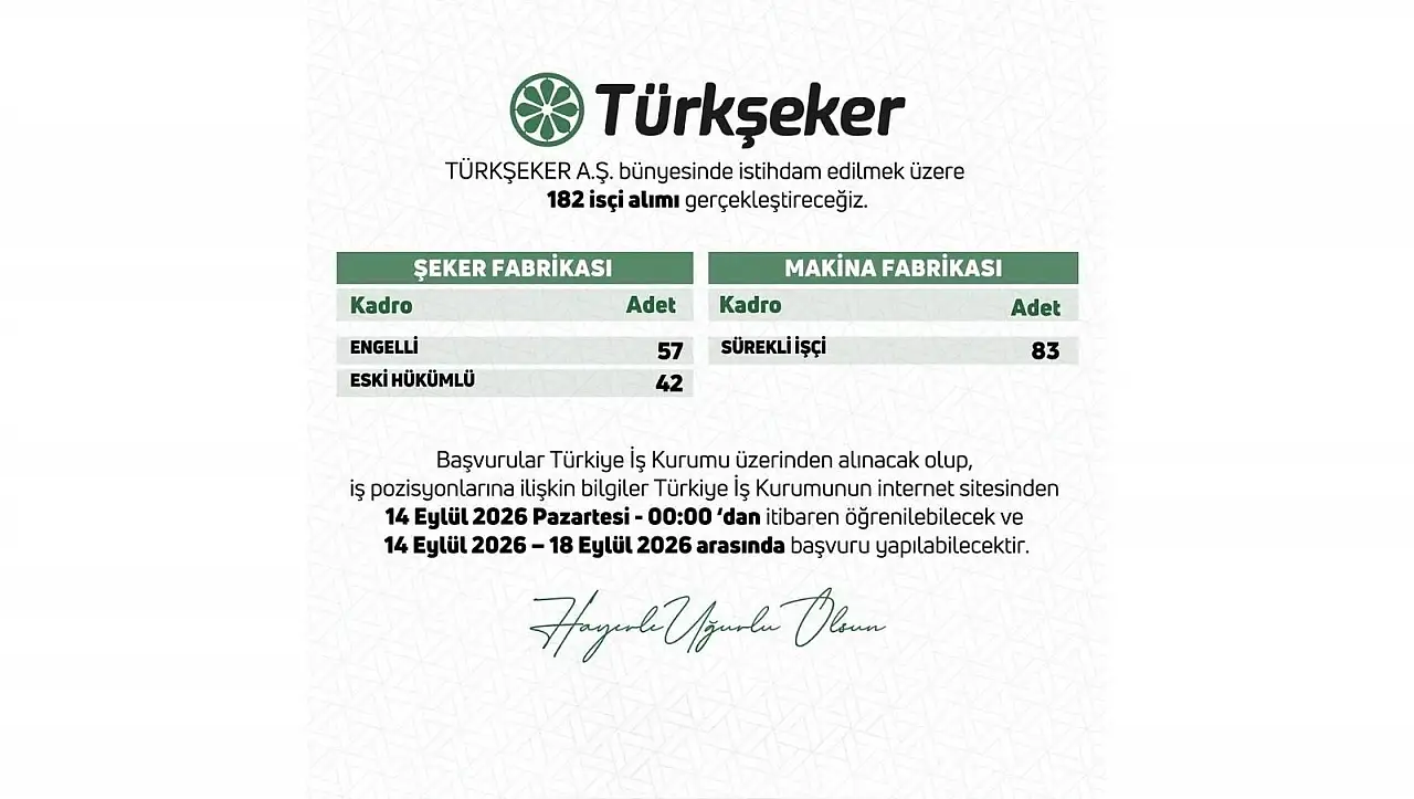 TÜRKŞEKER'den 182 işçi alımı: Kontenjanlar belli oldu!