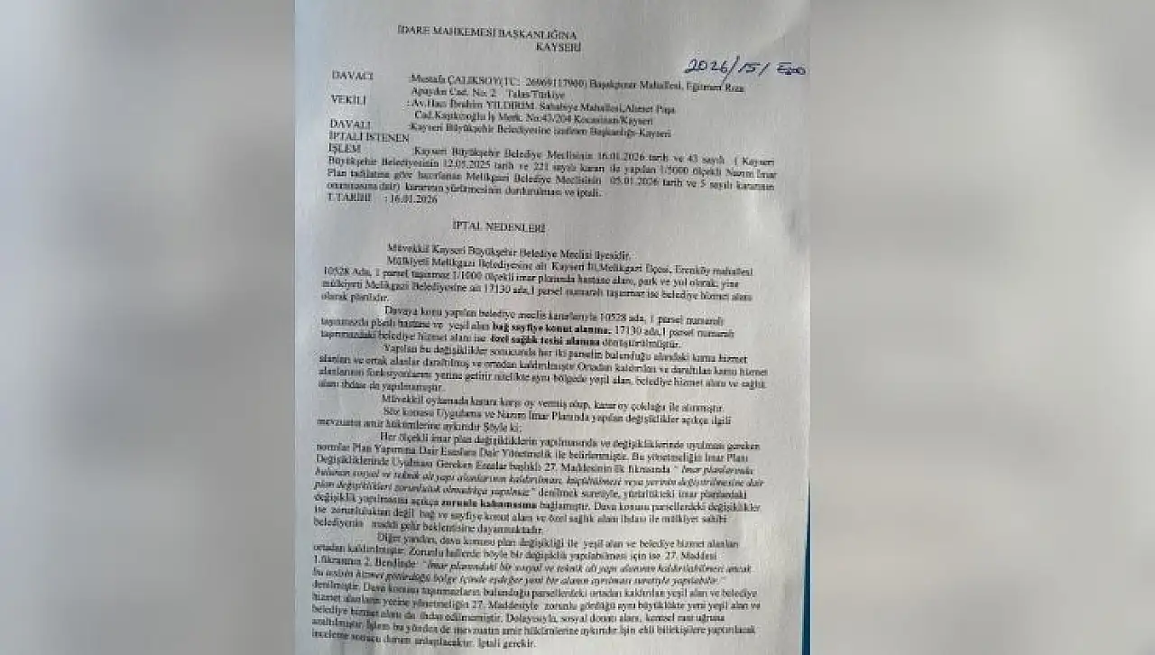 Kayseri'de imar kararı yargıya taşındı! ''Kamu alanı silindi'' iddiası