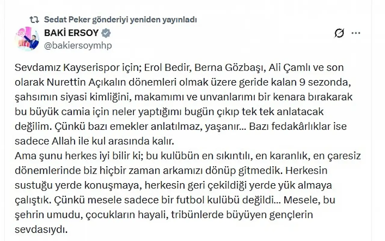 Sedat Peker'den Kayserispor mesajı: Baki Ersoy'a destek geldi