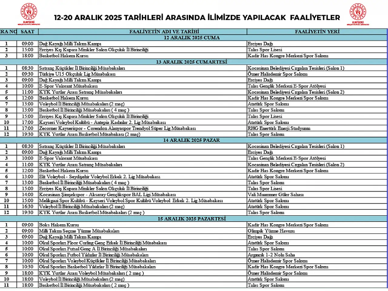 Kayseri'de 20 Aralık tarihine kadar günler dolu dolu geçecek: İşte takvim...