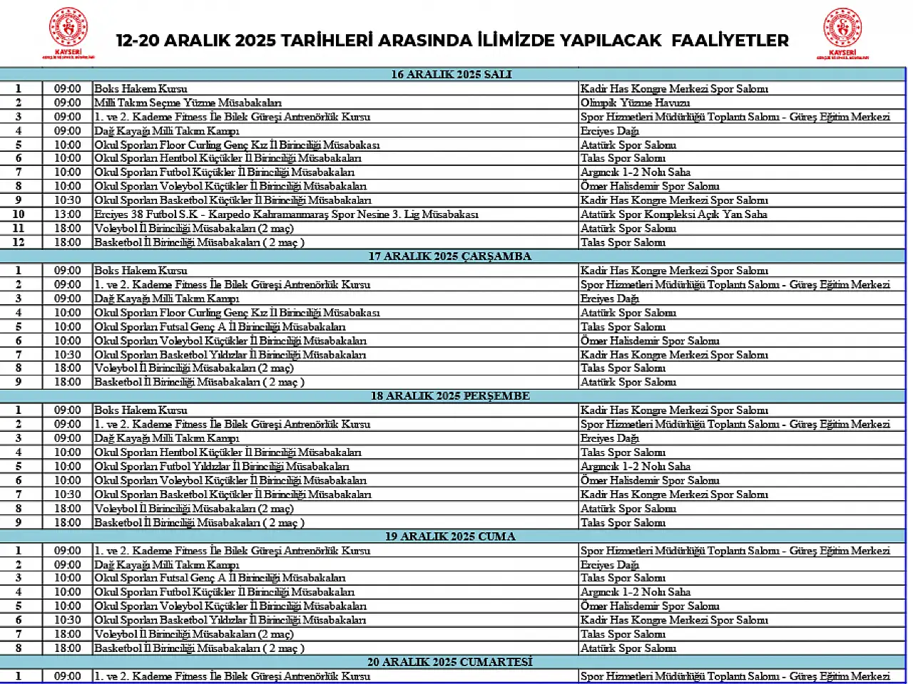 Kayseri'de 20 Aralık tarihine kadar günler dolu dolu geçecek: İşte takvim...