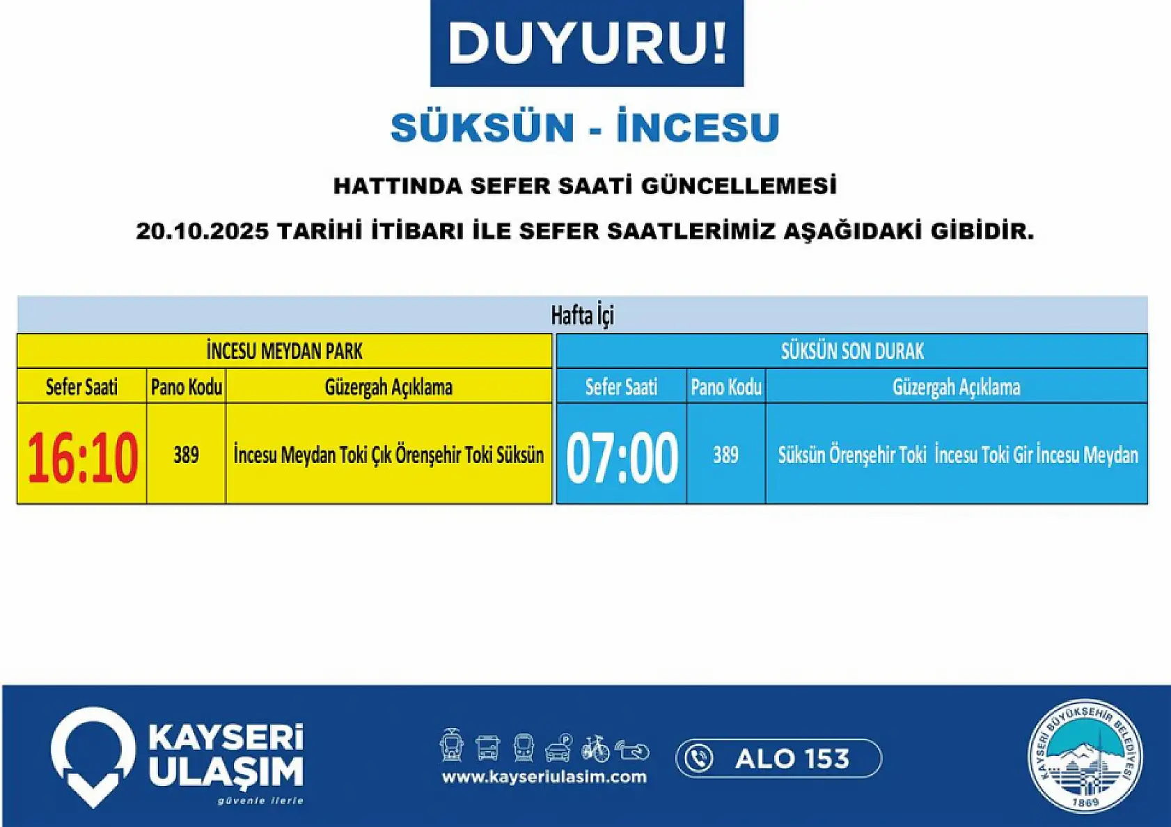 Kayseri'de 12 toplu taşıma güzergahında kritik değişiklik: Sefer saatleri güncellendi!