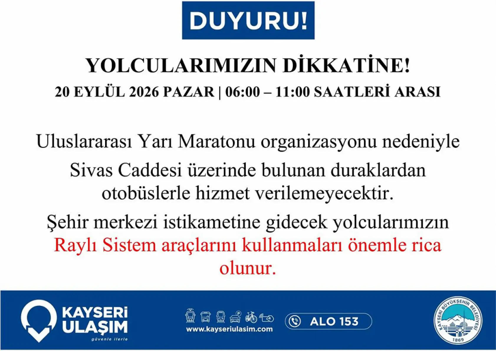 Kayseri Yarı Maratonu nedeniyle yollara kapanacak: Otobüs güzergahları değişecek!