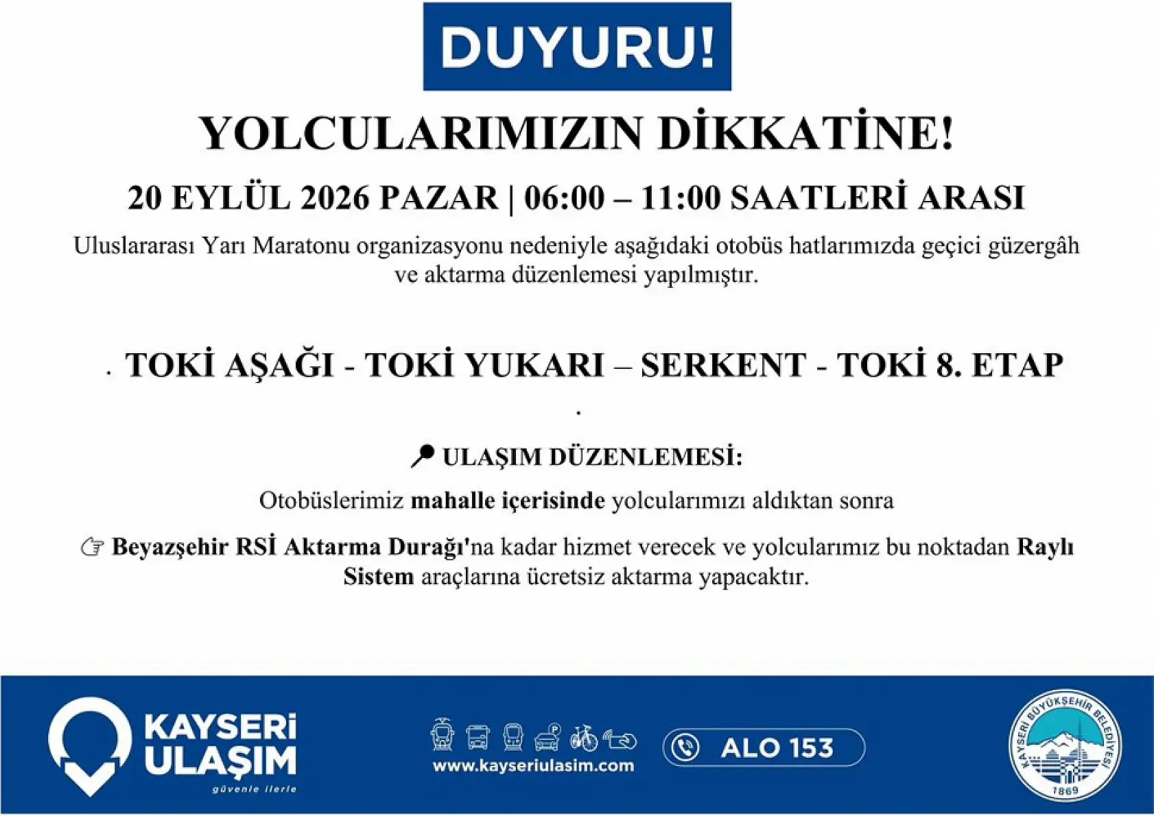 Kayseri Yarı Maratonu nedeniyle yollara kapanacak: Otobüs güzergahları değişecek!